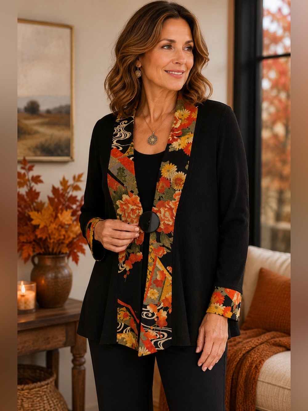 Soft Surroundings Black Floral Crepe Jacket M Art To Wear Fall Boho Topper
